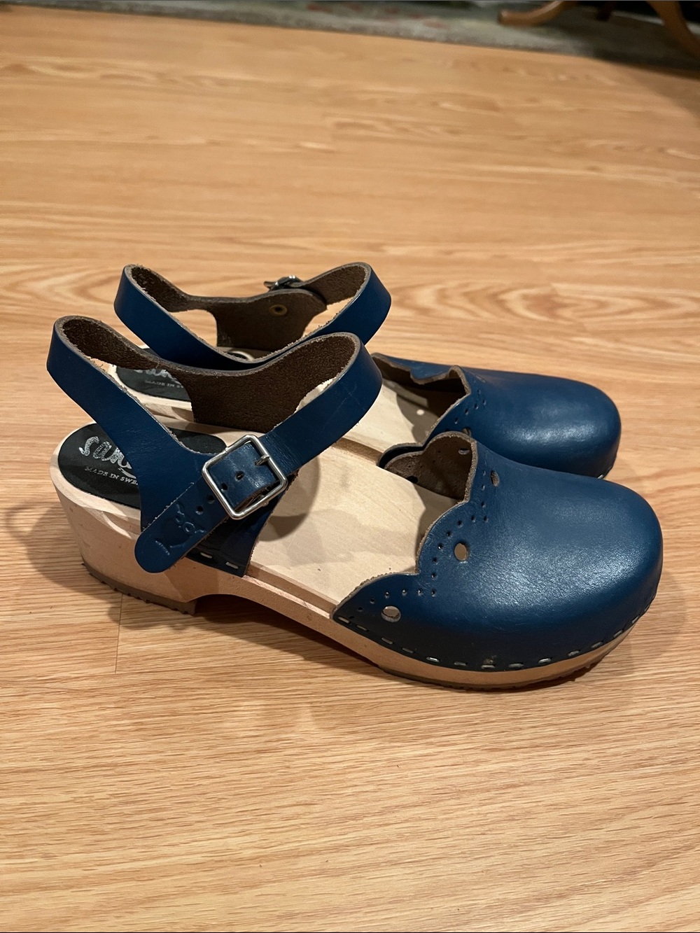 Leather Ankle-Strap Clog Mules in Navy Blue